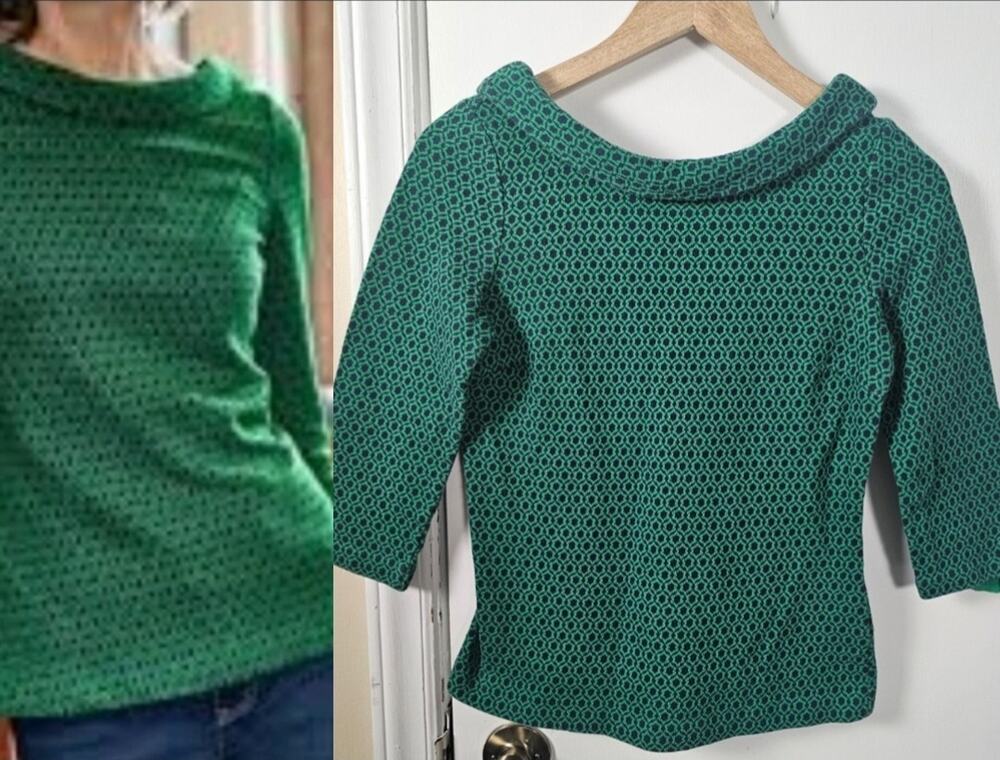 Boden Bessie Top Jacquard Green Womens Sz 4 Regular 3/4 Sleeve Jackie O Mod